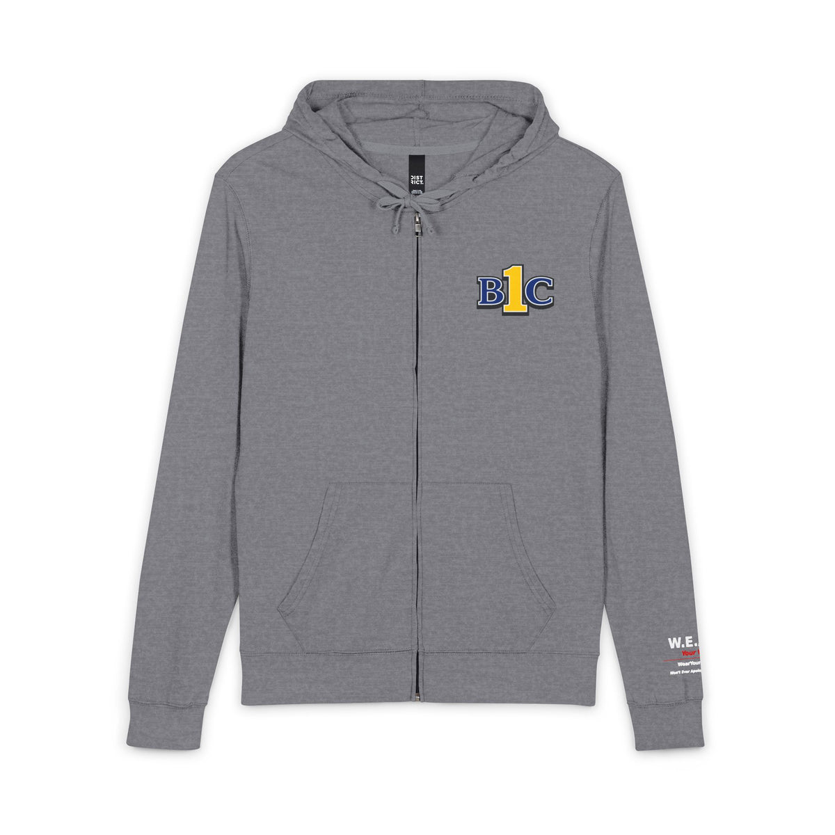 Grey zip hoodie with embroidered '1BC' logo in blue and yellow on left chest, W.E.A.R. branded sleeve