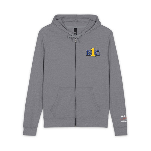 Grey zip hoodie with embroidered '1BC' logo in blue and yellow on left chest, W.E.A.R. branded sleeve