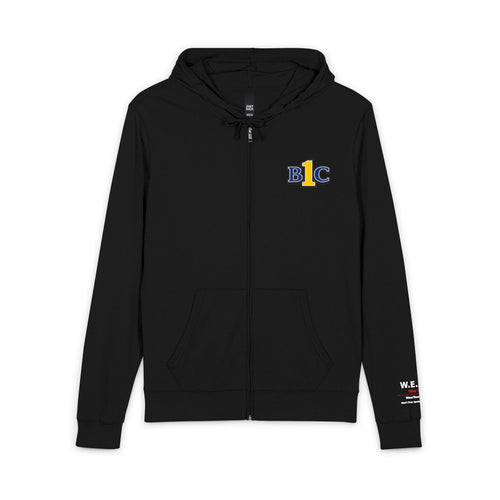 Black zip hoodie front view with embroidered '1BC' logo in blue and yellow on left chest, W.E.A.R. branding on sleeve