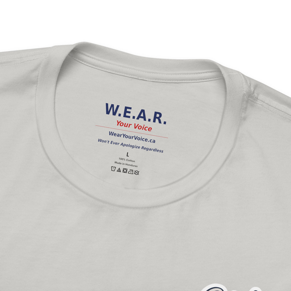 Clown Show Carney tee — inside collar label — W.E.A.R. Your Voice branding