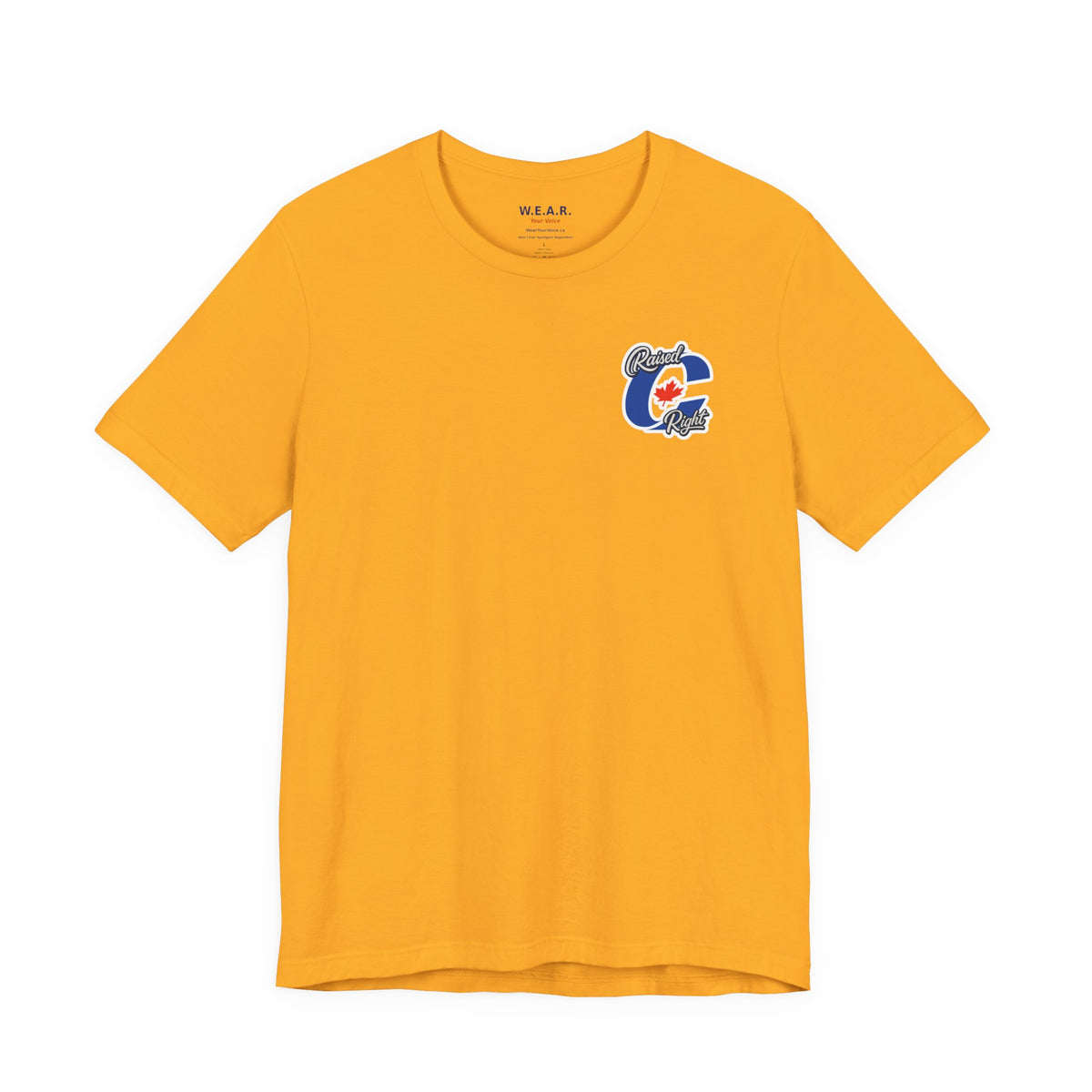 Gold Clown Show Carney tee — front flat lay — Raised C Right Conservative C logo with maple leaf on left chest