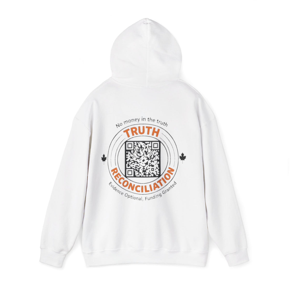 White pullover hoodie back view with circular 'Truth & Reconciliation' graphic in orange and black, QR code, maple leaves