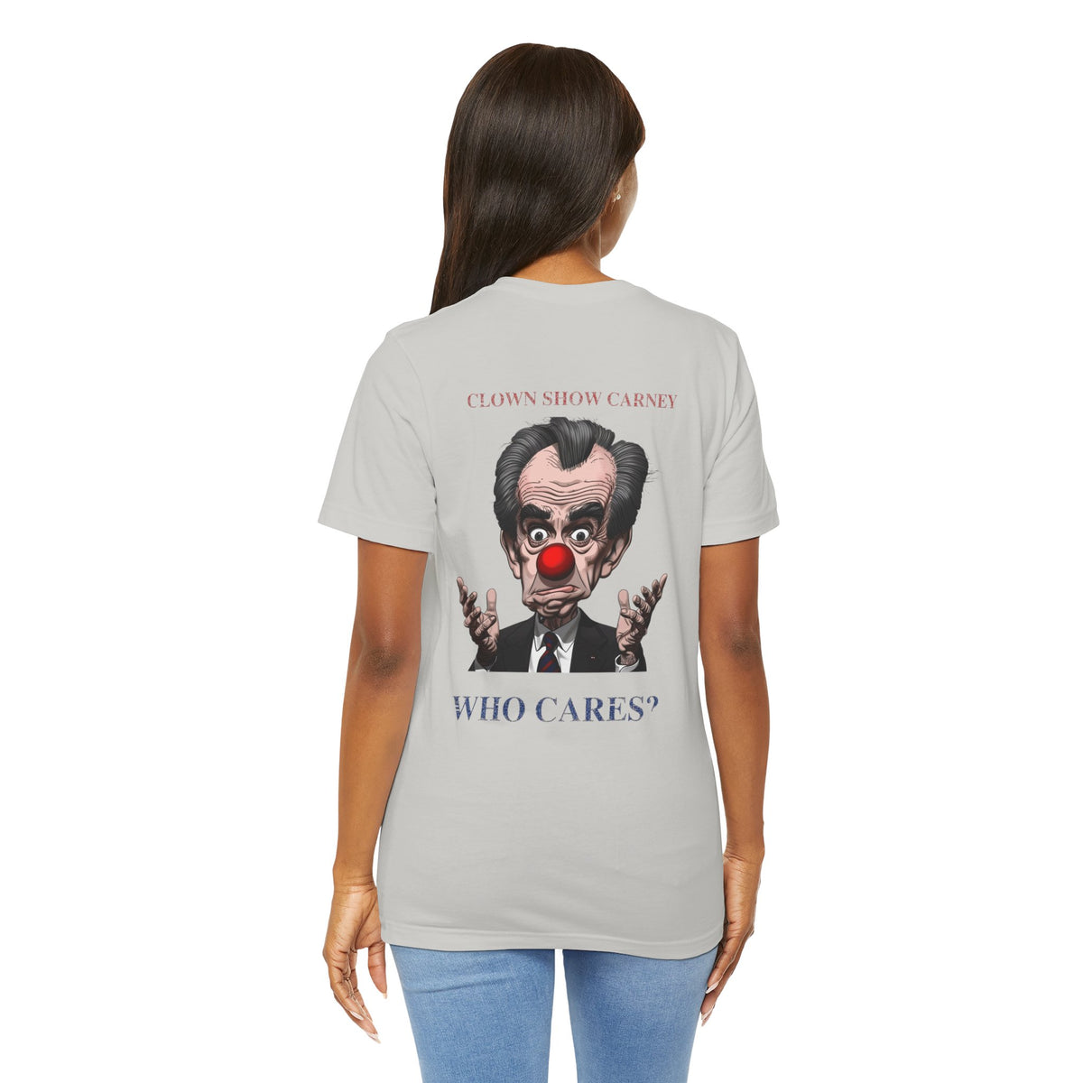 Model wearing Clown Show Carney tee — back view — Clown Show Carney caricature with red clown nose and Who Cares? text