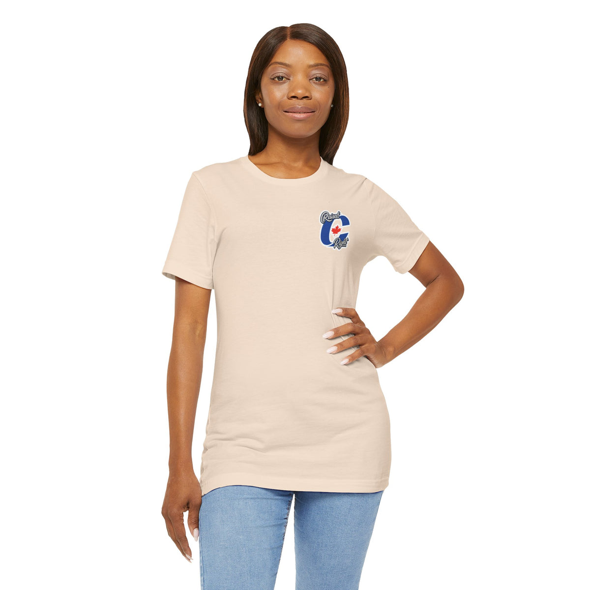 Model wearing Soft Cream Clown Show Carney tee — front view — Raised C Right logo on left chest