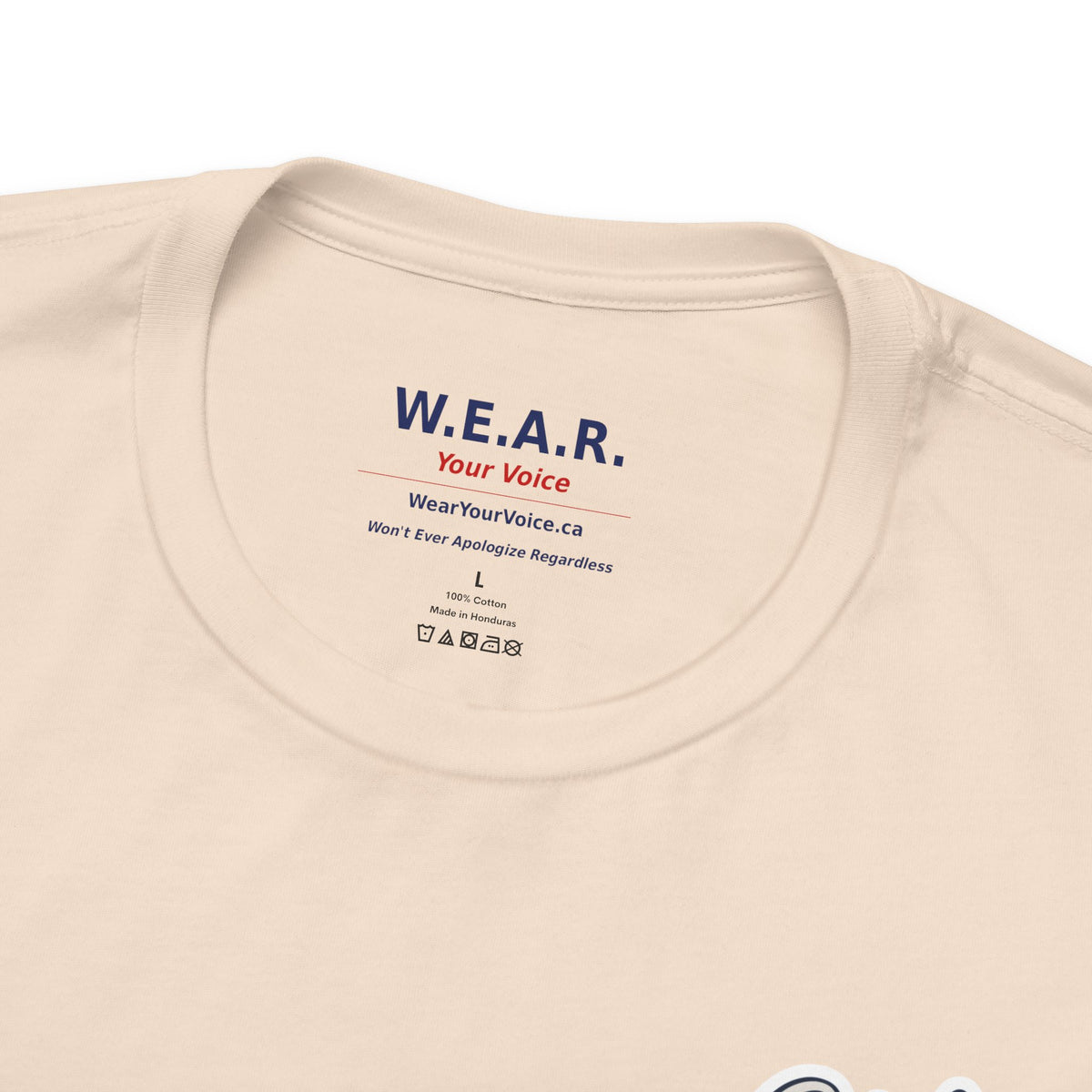 Soft Cream Clown Show Carney tee — inside collar label — W.E.A.R. Your Voice branding
