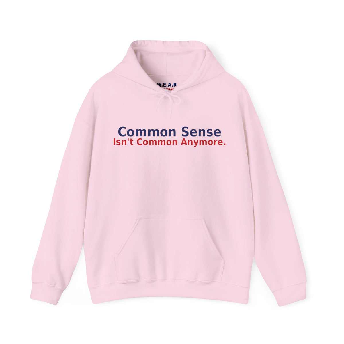 Light pink pullover hoodie with 'Common Sense / Isn't Common Anymore.' in navy and red text on chest