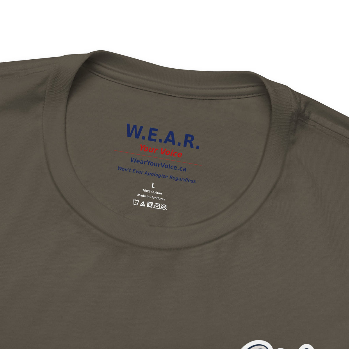 Clown Show Carney tee — inside collar label — W.E.A.R. Your Voice branding