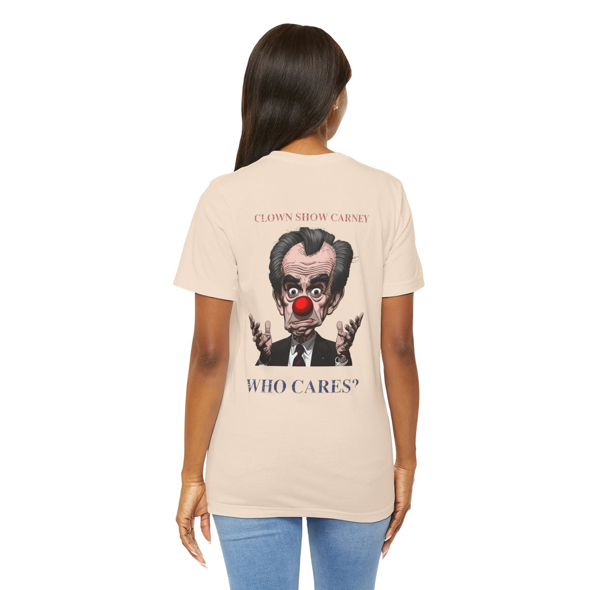 Model wearing Soft Cream Clown Show Carney tee — back view — Clown Show Carney caricature with red clown nose and Who Cares? text