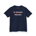 Navy kids t-shirt with 'My Grandpa BUILT THIS Province.' in white and red text, W.E.A.R. branded