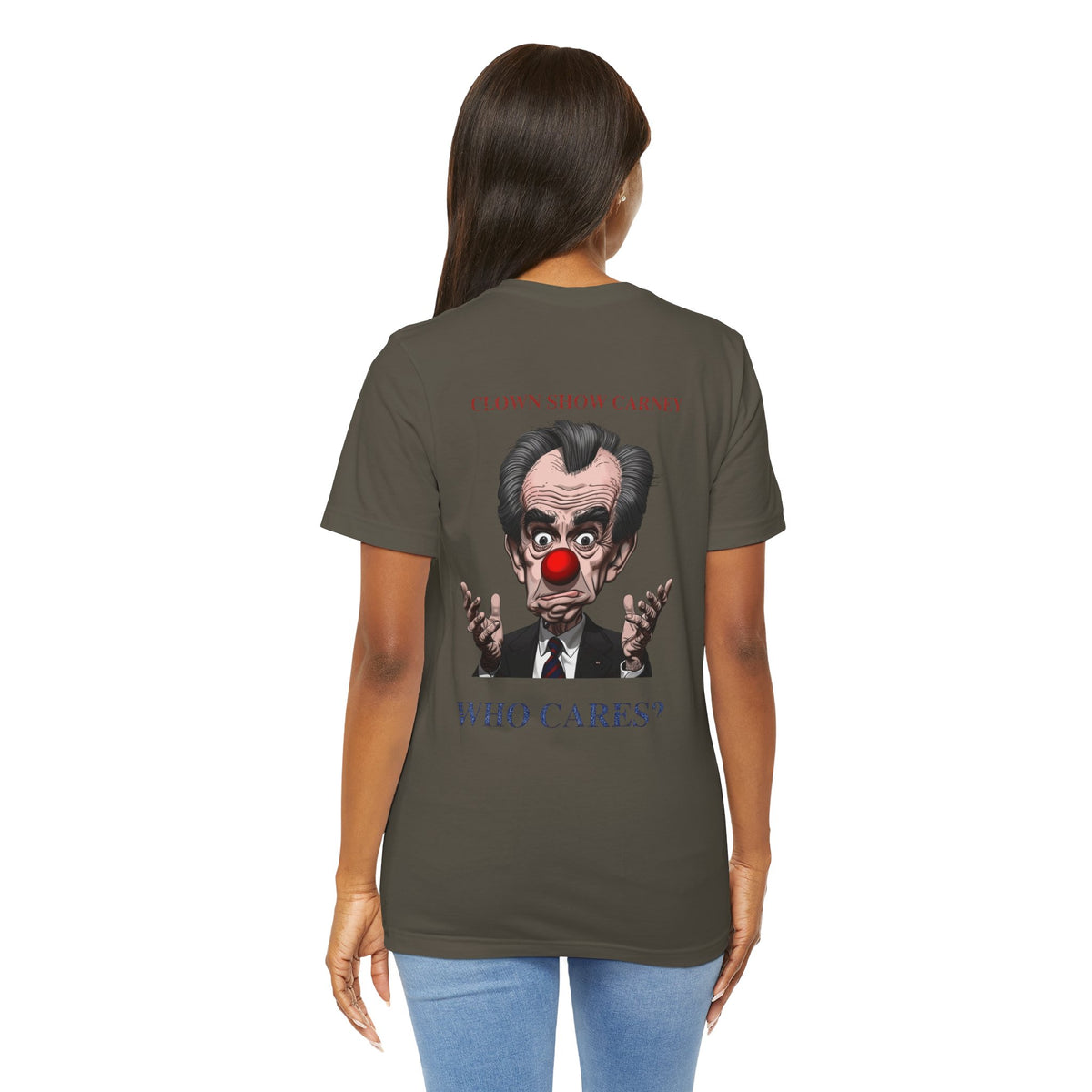 Model wearing Clown Show Carney tee — back view — Clown Show Carney caricature with red clown nose and Who Cares? text
