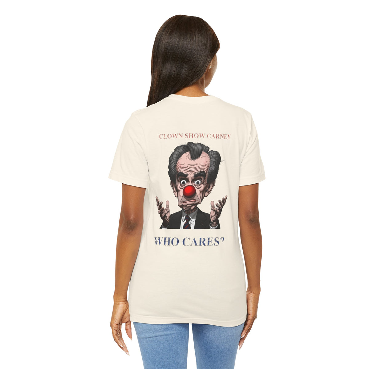 Model wearing Natural Clown Show Carney tee — back view — Clown Show Carney caricature with red clown nose and Who Cares? text
