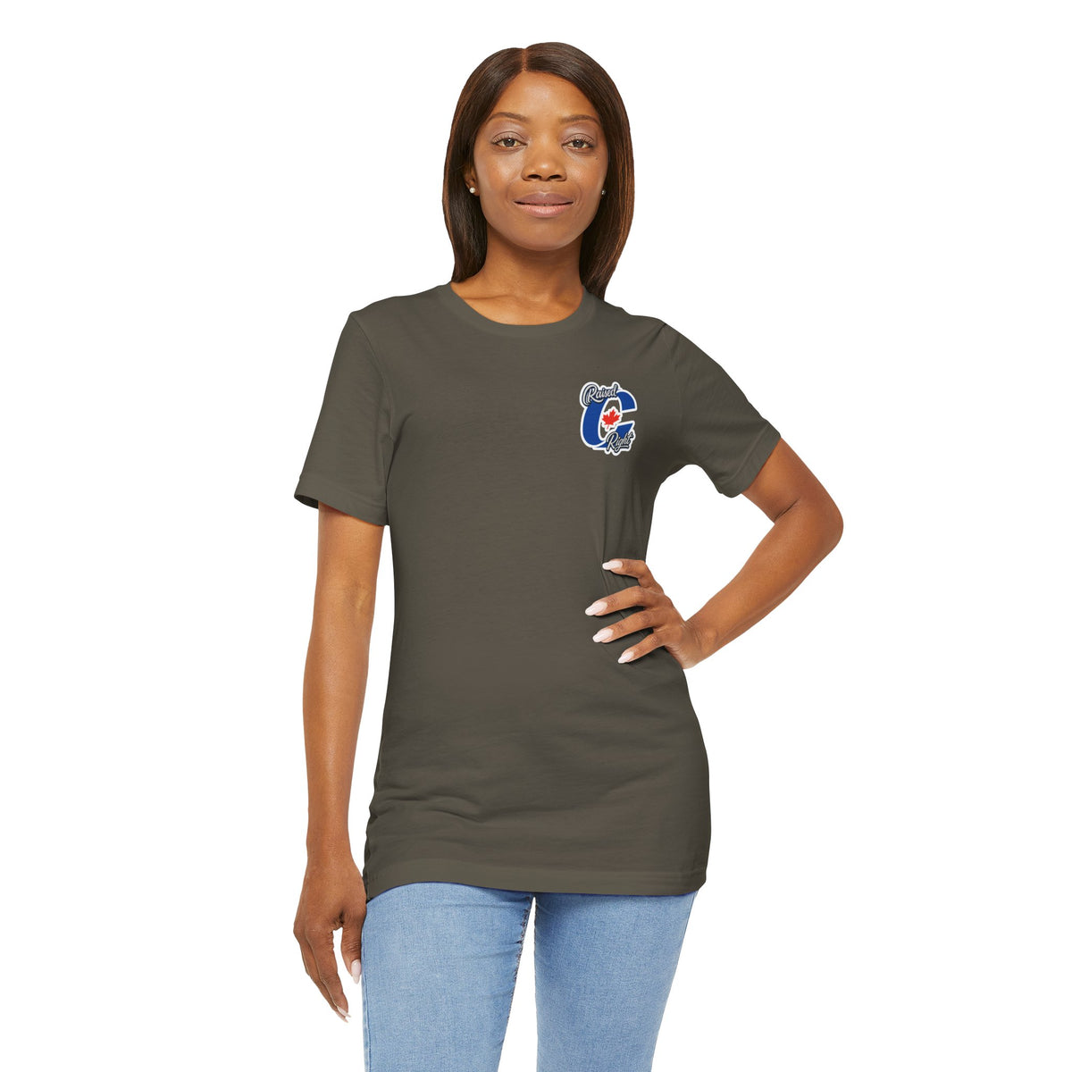 Model wearing Clown Show Carney tee — front view — Raised C Right logo on left chest