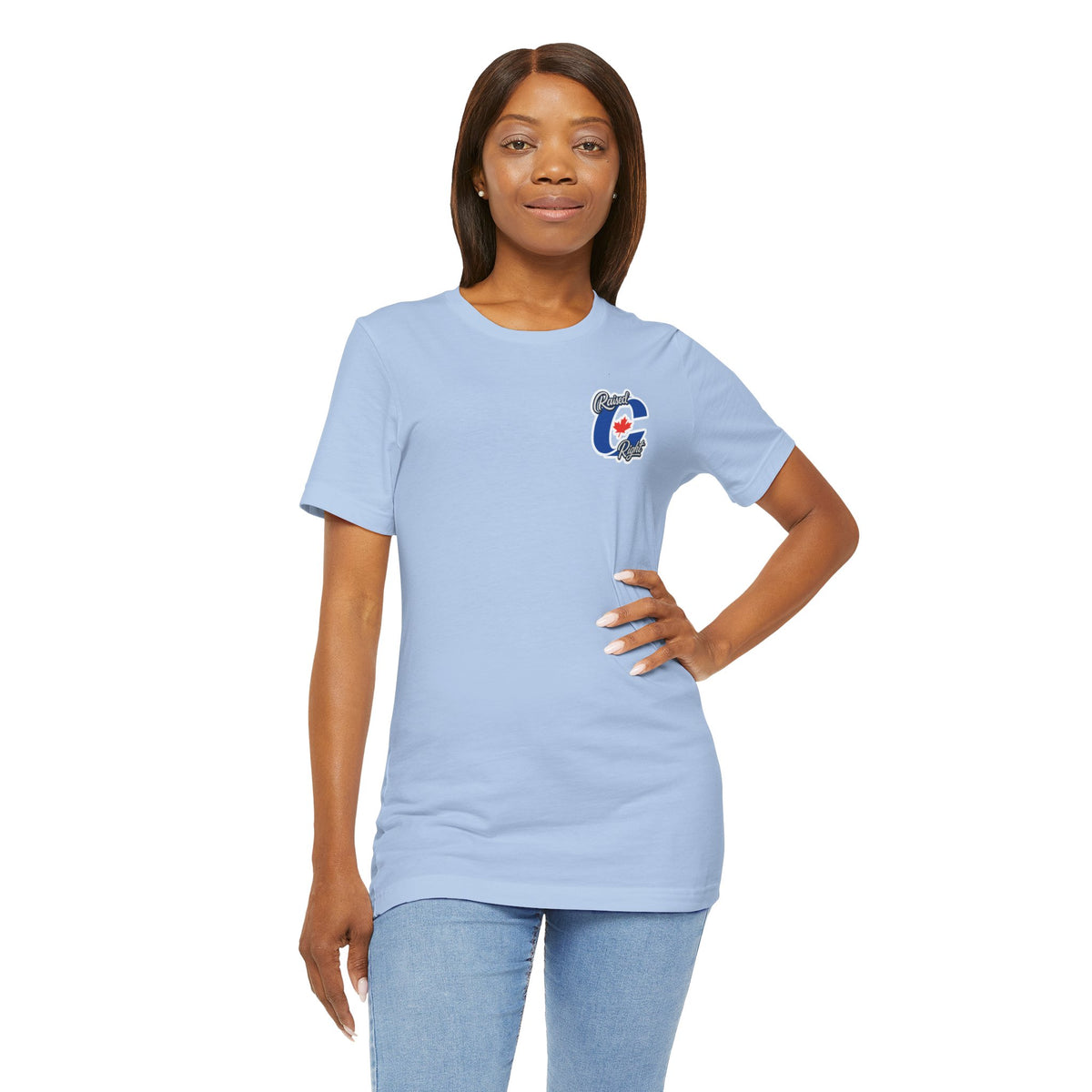 Model wearing Clown Show Carney tee — front view — Raised C Right logo on left chest