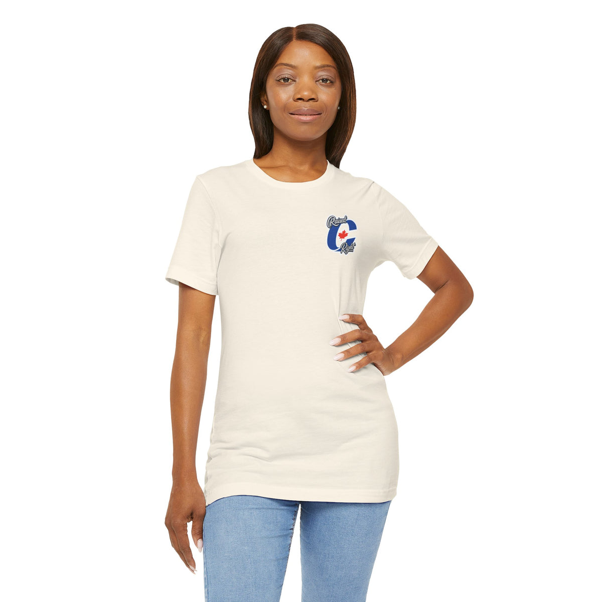 Model wearing Natural Clown Show Carney tee — front view — Raised C Right logo on left chest