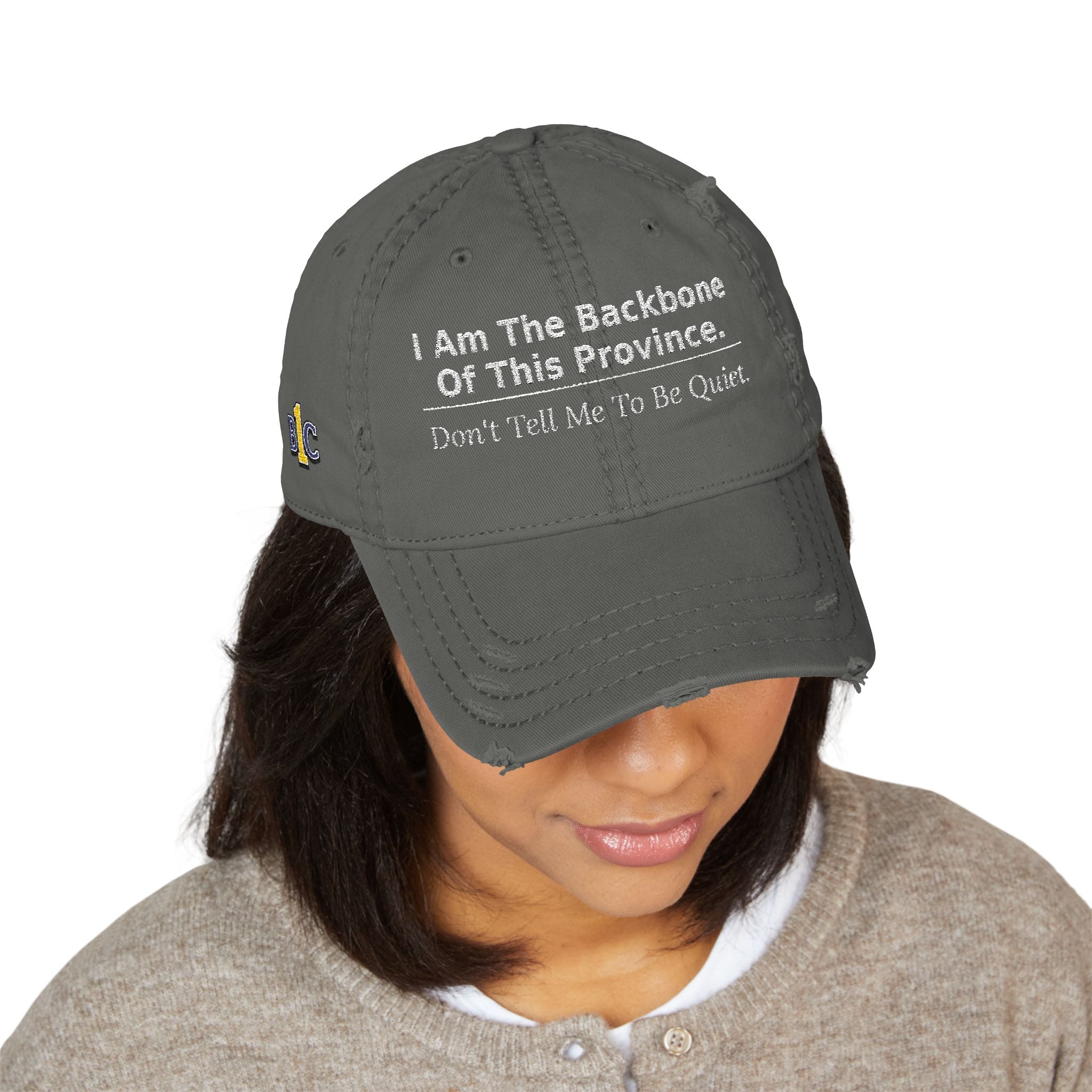 Distressed Embroidered Dad Hat — I Am The Backbone Of This Province - view 6