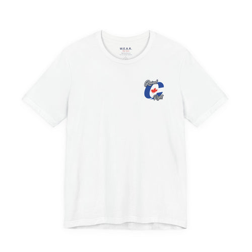 White Clown Show Carney tee — front flat lay — Raised C Right Conservative C logo with maple leaf on left chest