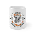 White ceramic mug with circular 'Truth & Reconciliation' graphic in orange and black, QR code, 'Evidence Optional, Funding Granted'
